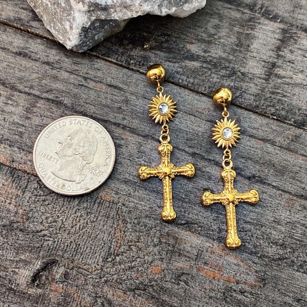 NEW Gold Gothic Cross Dangle Earrings - Picture 9 of 9